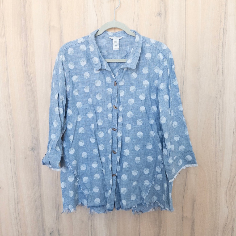 John Mark Womens Linen Button Down Shirt L Blue Moon Print Raw Hem Celestial